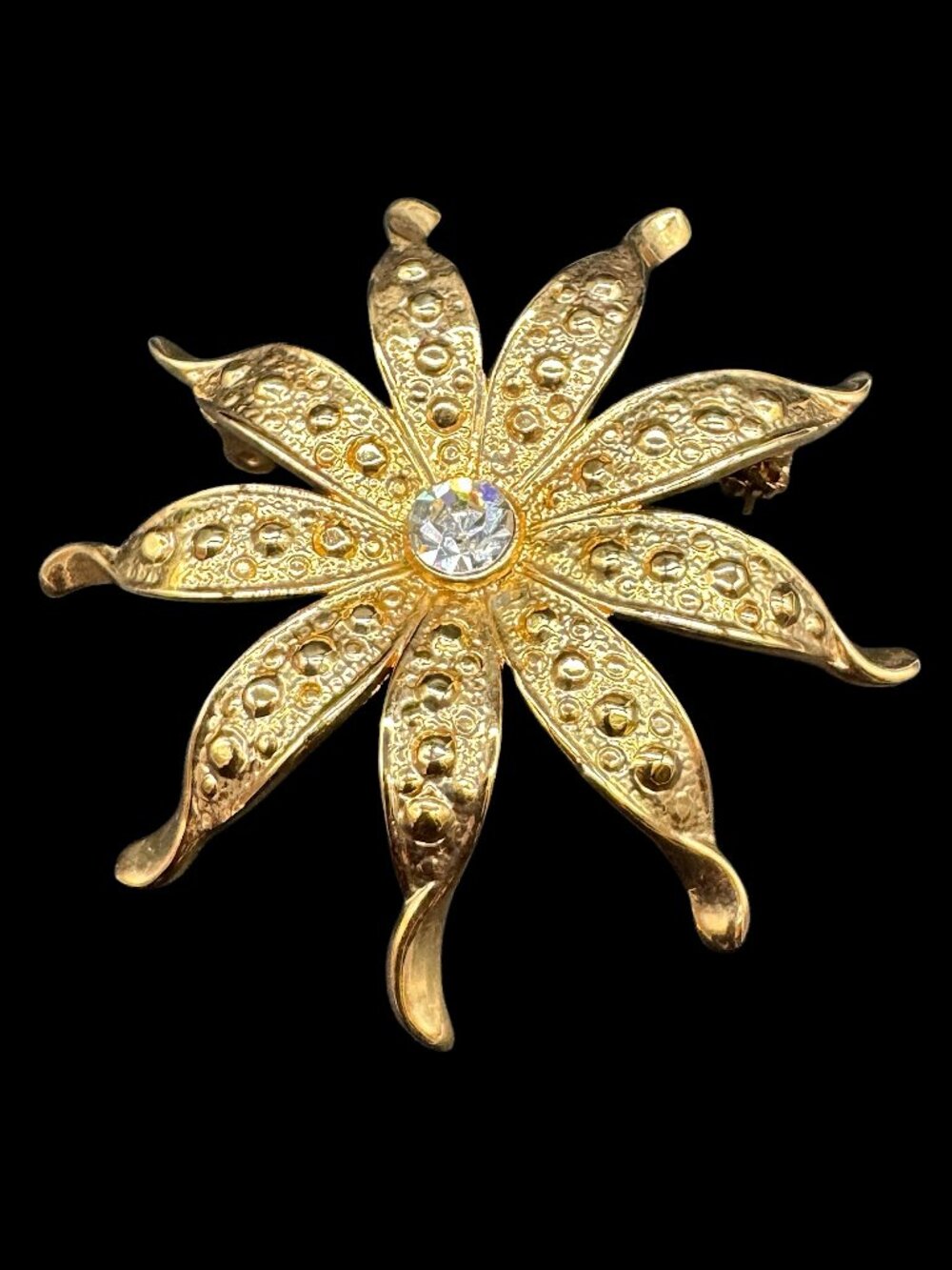 Vintage Brooch Gold Tone Flower Petals with Clear Rhinestone Centre